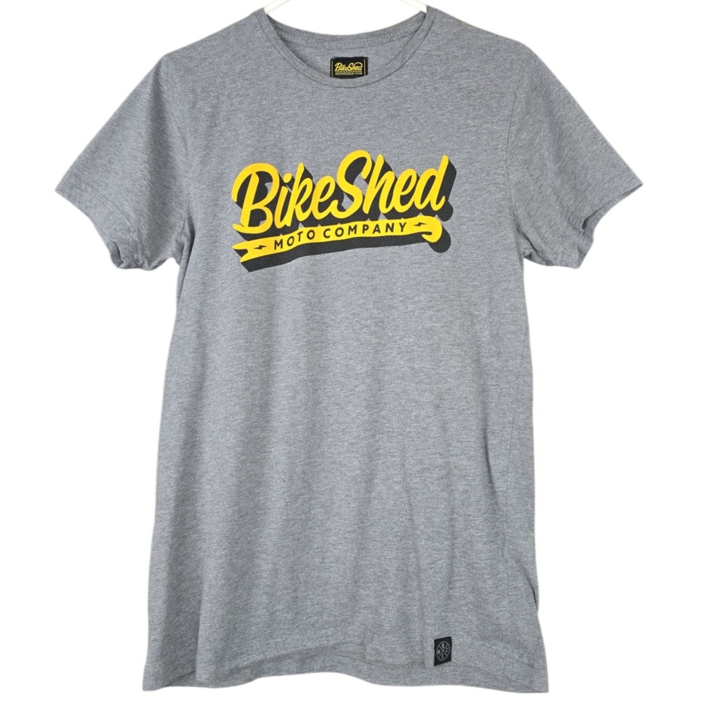 Bike Shed Motorcycle Co. Womens T-Shirt Sz‎ M Gray Yellow Graphic Biker Grunge